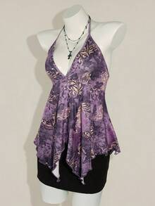 SHEIN ICON Women's Bohemian Style Butterfly Print Halter Neck Camisole - Purple - View 7