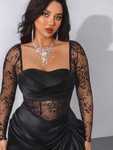 Viva Relle 大码女式低胸长袖缎面蕾丝拼布镂空花卉荷叶边中长款黑色连衣裙，优雅复古休闲派对鸡尾酒礼服 - 黑色 - 查看 7