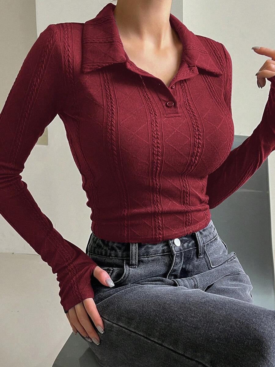 DAZY 学院风秋季新款单件女式Polo领修身纹理T恤长袖女式上衣 - 酒紅色 - 查看 1