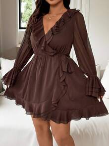 Vionelle 大码女式优雅法式浪漫西西里雪纺交叉裹身系带荷叶边袖下摆长款短款连衣裙，适合休闲、通勤、度假、下午茶、派对 - 棕色 - 查看 6