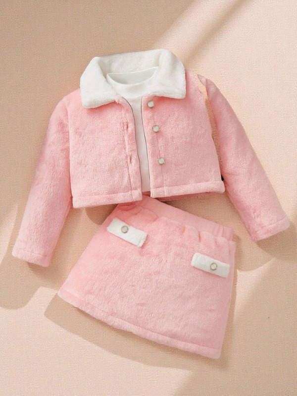 Souflis Souflis Baby Girl Contrast Color Lapel Long Sleeve Single-Breasted Jacket And Skirt Casual Suit, Autumn/Winter