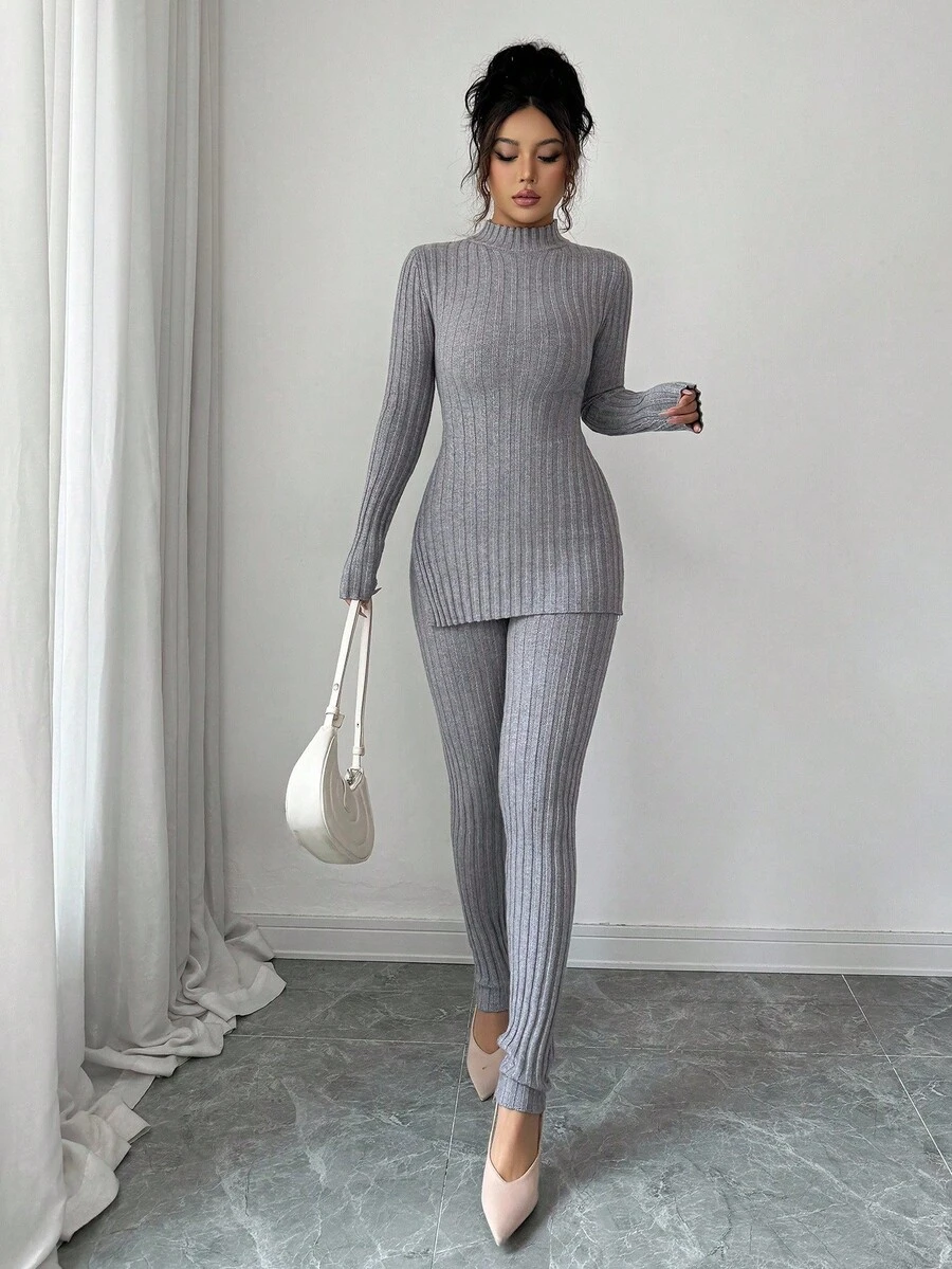 Elenzga Damen Herbst/Winter Lässig Rippstrick Pullover Zweiteiler, elegant & vielseitig, geeignet für Ausflüge, Dates, Arbeit, Schule und andere Anlässe