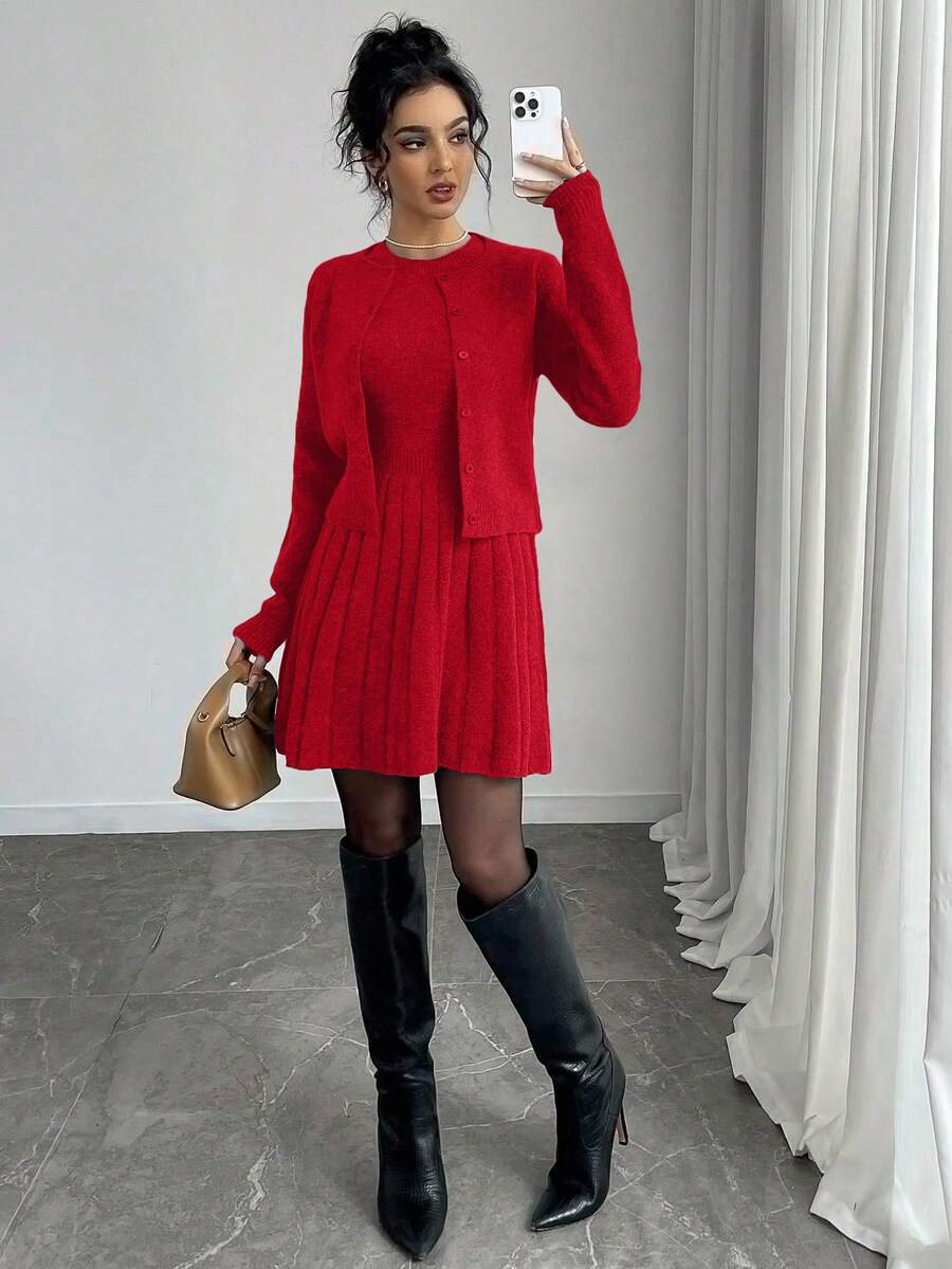 Elenzga Bộ 2 chiếc váy len cardigan màu trơn thanh lịch khi đi làm - Đỏ - Xem 1
