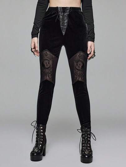 Goth Conjunto de estilo gótico palaciego para Halloween, leggings de terciopelo con bordado de luna y cruz