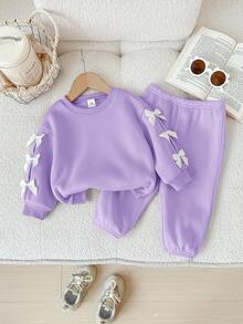 2 件女婴可爱紫色蝴蝶结长袖运动衫和松紧腰裤套装，秋冬 - 紫色 - 查看 1