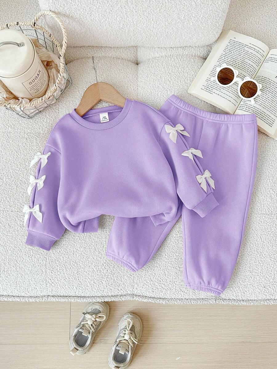2 件女婴可爱紫色蝴蝶结长袖运动衫和松紧腰裤套装，秋冬 - 紫色 - 查看 1