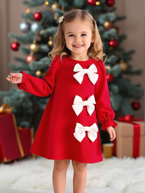 Young Girl Elegant Cute Red Knitted Bow Long Sleeve Dress Christmas Big Bow Dress, Red Dress