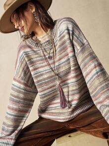 Bohemela Women's Casual Loose Fit Dropped Shoulder Striped Sweater, Autumn/Winter,Cozy Fall And Winter Clothes For Women - Multicolor - View 3