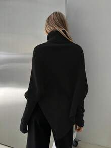 Aloruh Women's New Off-Shoulder Wrap Extra Long Sweater, Milky White, Autumn/Winter,Fall,Black Top - Black - View 2