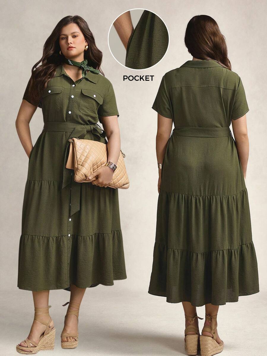 Zelara Plus Size Women Casual Elegant Utility Cargo Pocket Ruched Midi Dress Fall Women Clothes Back To School Homecoming Dress Business Casual Woman Modest Old Money Basic Stockholm Style Office Wear Teacher Outfits For Women - Army Green - View 1