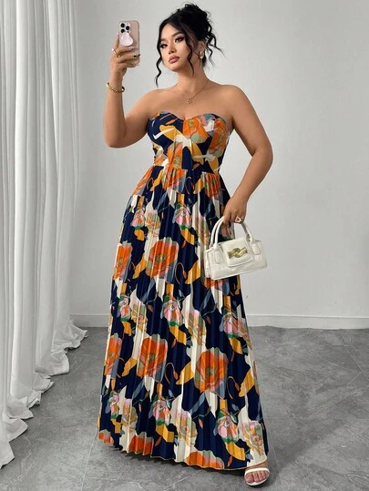 Elenzga Plus Size Women's Elegant Romantic Floral Print Strapless Waist A-Line Maxi Dress, Summer Vacation
