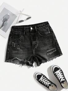 SHEIN EZwear 女士夏季毛边牛仔短裤 - 黑色 - 查看 1