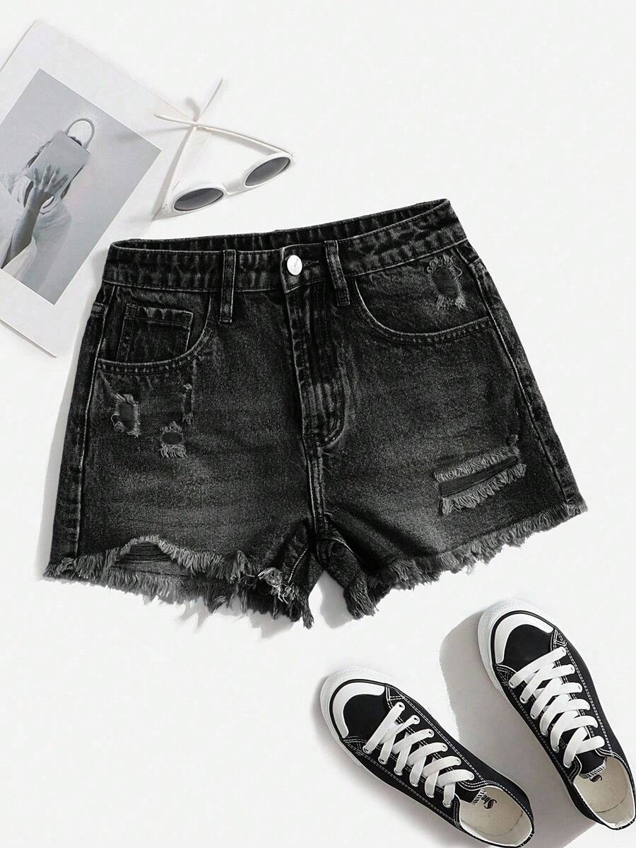 SHEIN EZwear 女士夏季毛边牛仔短裤 - 黑色 - 查看 1