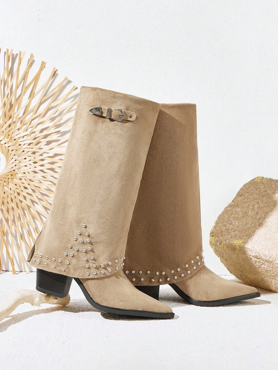 Styleloop Botas occidentales de tacón alto grueso y con tachuelas de estilo vintage para mujer, adecuadas para Halloween, Navidad, fiestas y uso diario