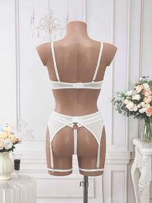 SHEIN 7 件/套女士性感内衣：刺绣网眼上衣 + 丁字裤 + 腰带 + 2 个腿环 + 2 个乳贴 - 彩色 - 查看 2