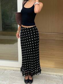 SHEIN EZwear Polka Dot Print Elegant Slim Fit Midi Skirt, Suitable For Commuting Polka Dot Skirt Maxi Skirt Black And White Polka Dot Skirt Polkadot Skirt Black And White Skirt Black Polka Dot Skirt Long Polka Dot Skirt Black Skirt Black And White Polkadot Skirt Polka Dot Long Skirt Black Maxi Skirt