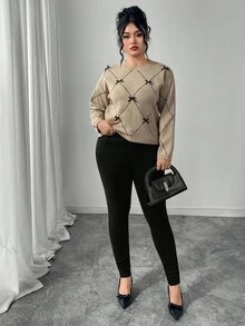 Modelyn 大码女式圆领撞色蝴蝶结装饰落肩休闲针织套头衫 - 卡其色 - 查看 6