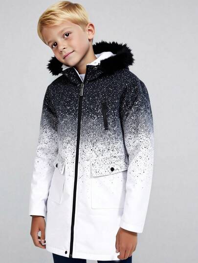 SHEIN 男童休闲渐变色保暖连帽中长款加厚梭织夹克派克大衣，适合上学、花园、海滩、生日、春季、夏季、秋季、冬季穿着。