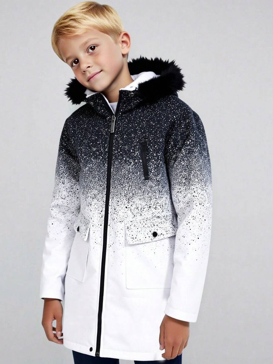 SHEIN Tween Boys' Casual Ombre Pattern Thermal Lined Hooded Mid-Length Thick Woven Jacket Parka Coat, Suitable For School, Garden, Beach, Birthday, Spring, Summer, Autumn, Winter Fall - Black and White - View 1