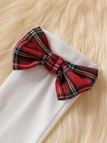 圣诞节 2 件套女婴甜美蝴蝶结毛绒背心 + 格子荷叶边连衣裙（含袜子）套装，时尚服装 - 紅色 - 查看 4