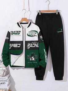 青少年男孩棒球夹克套装，宽松休闲摩托车图案运动运动服，适合通勤、上学、日常休闲、运动、秋冬 - 墨綠色 - 查看 1
