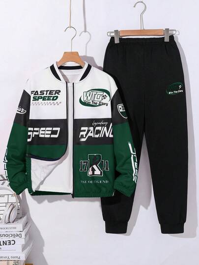 Tween Boy Baseball Jacket Outfit, Loose Casual Motorcycle Graphic Sports Tracksuit, Suitable For Commuting, School, Daily Casual, Sports, Autumn/Winter Fall