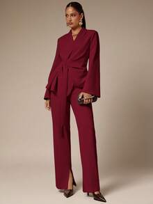 Silquee 秋冬时尚优雅通勤纯色系带西装外套 - 酒紅色 - 查看 5