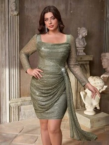 Aureia 加大码优雅橄榄绿色露肩奢华网眼串珠荷叶边领口 3D 花卉亮片装饰垂坠前褶紧身鸡尾酒会连衣裙