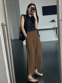 DAZY Women's Solid Color Casual Pants Petite - Coffee Brown - View 2