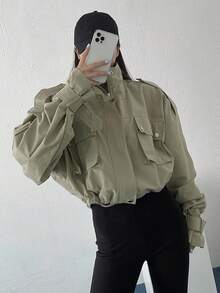 DAZY 翻盖口袋落肩抽绳下摆夹克，秋装