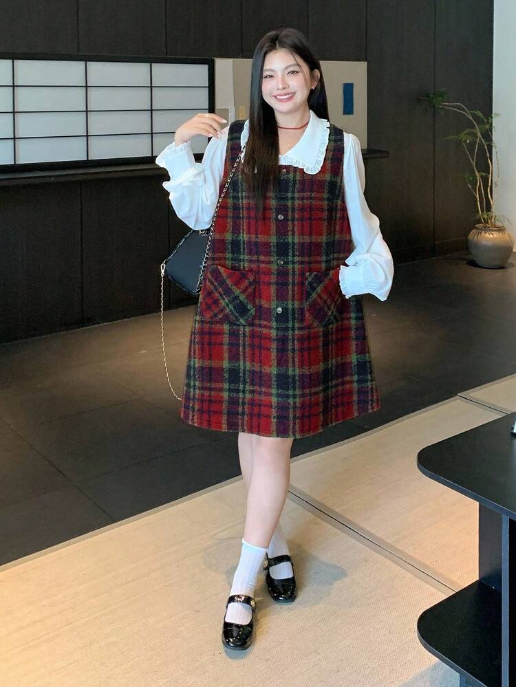 Dazy Plus Christmas & New Year Plaid Sleeveless Pocket Casual Layered Short Straight Dress For Women, Autumn