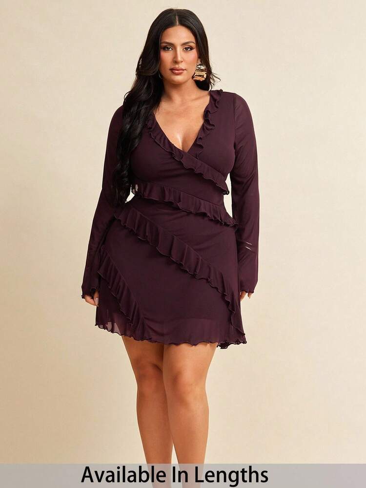 SHEIN PETITE CURVE Vestido de manga larga con volantes para tallas grandes - Marrón - Añade 1