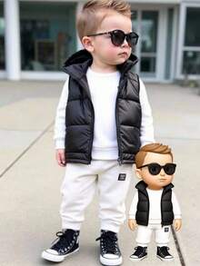 Conjunto de 3 piezas de ropa casual para niño, que incluye sudadera con capucha, chaleco acolchado de un solo pecho de unicolor y pantalones con estampado de letras y cintura elástica para uso diario en otoño/invierno - Blanco y Negro - Ver 3