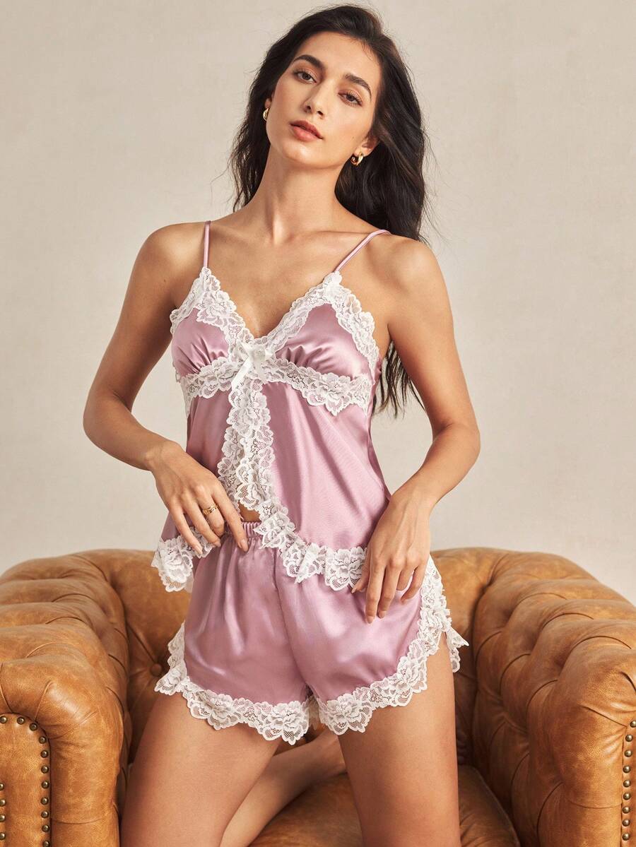 Charlaine Lace Patchwork Satin Women Pajama Set - Purple - View 1