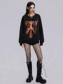 Breakform 女士时尚深色哥特式万圣节骷髅印花圆领落肩宽松休闲运动衫 - 黑色 - 查看 3