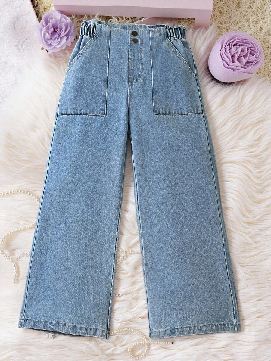 SHEIN 十幾歲女孩的休閒寬腿牛仔褲,有大口袋和褶皺腰帶,適合度假或日常穿著 - 淺色水洗藍 - 查看 1