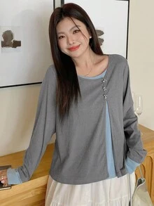 Dazy Plus 大码女款撞色蝴蝶结装饰二合一时尚长袖T恤