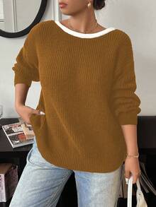 Elenzga Plus Size Women Casual Bowknot Crew Neck Long Sleeve Sweater, Autumn/Winter - Mustard Yellow - View 6