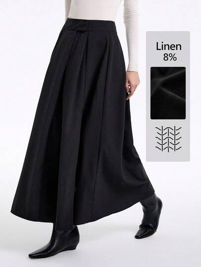 Aalyst 时尚都市休闲女式清爽面料褶皱可调节腰部高腰 A 字长裙，简约通勤，适合毕业派对、节日活动、约会、秋冬