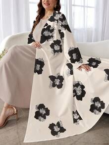 SHEIN Najma 女式黑色花卉印花长袖休闲阿拉伯长袍，春秋装 - 彩色 - 查看 3