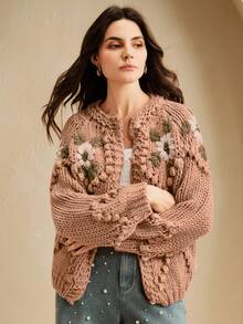 Anewsta Handmade Embroidered Thick Knit Cardigan Sweater Jacket For Women, Autumn/Winter - Coral Pink - View 7