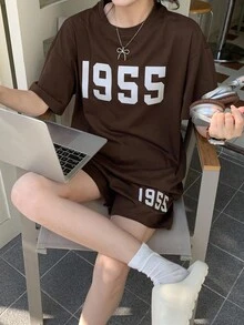 DAZY 2 件套女士印花宽松休闲短袖睡衣套装 - 棕色 - 查看 5