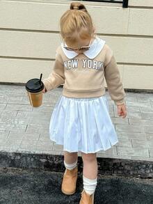 Playful Pals Young Girl Casual Lapel Drop Shoulder Front English Slogan Print Back Snap Button Elastic Waist Long Sleeve Set, Autumn/Winter Fall Clothes - Khaki - View 6