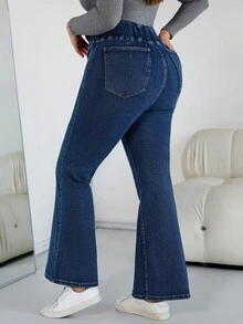 SHEIN CURVE+ 女士加大码深蓝色秋冬高腰弹力拉链喇叭牛仔裤，万圣节服装，乡村风格女装，时尚秋季 - 中等水洗藍 - 查看 2