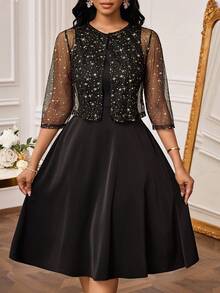 SHEIN Lady Women's Metallic Star Mesh 3/4 Sleeve Top And Sleeveless Dress Elegant 2 Pieces Set