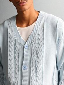 SUMWON Cotton Regular Fit Cable Knit Cardigan Button Front Open Placket Classic Winter Fall Layering Knitwear - Red - View 3