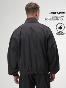 Men's Black Raglan Sleeve Zip-Up Casual Jacket, Autumn