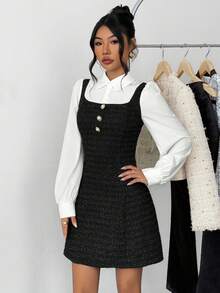 SHEIN Váy 2 trong 1 cổ bẻ tay đèn lồng màu đen trắng thanh lịch cho bé gái tuổi teen, mùa thu, trở lại trường, váy mùa thu, trang phục, váy dài tay màu trắng - màu đen - Xem 6