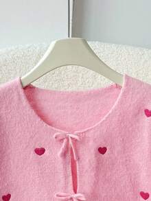 SHEIN Tween Girls' Loose Casual Minimalist Comfortable Round Neck Long Sleeve Tie Bow Heart Cardigan, Back To School Season Fall Winter - Coral Pink - View 6