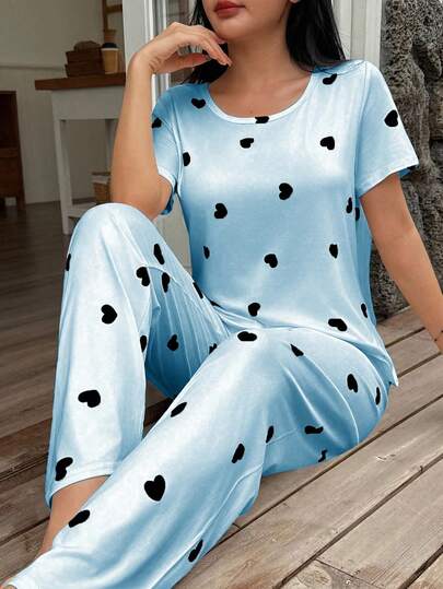 Heart Print Short Sleeve Pajama Set Sets Women Pyjama Woman Schattige Sleep Wear Round Neck view 5